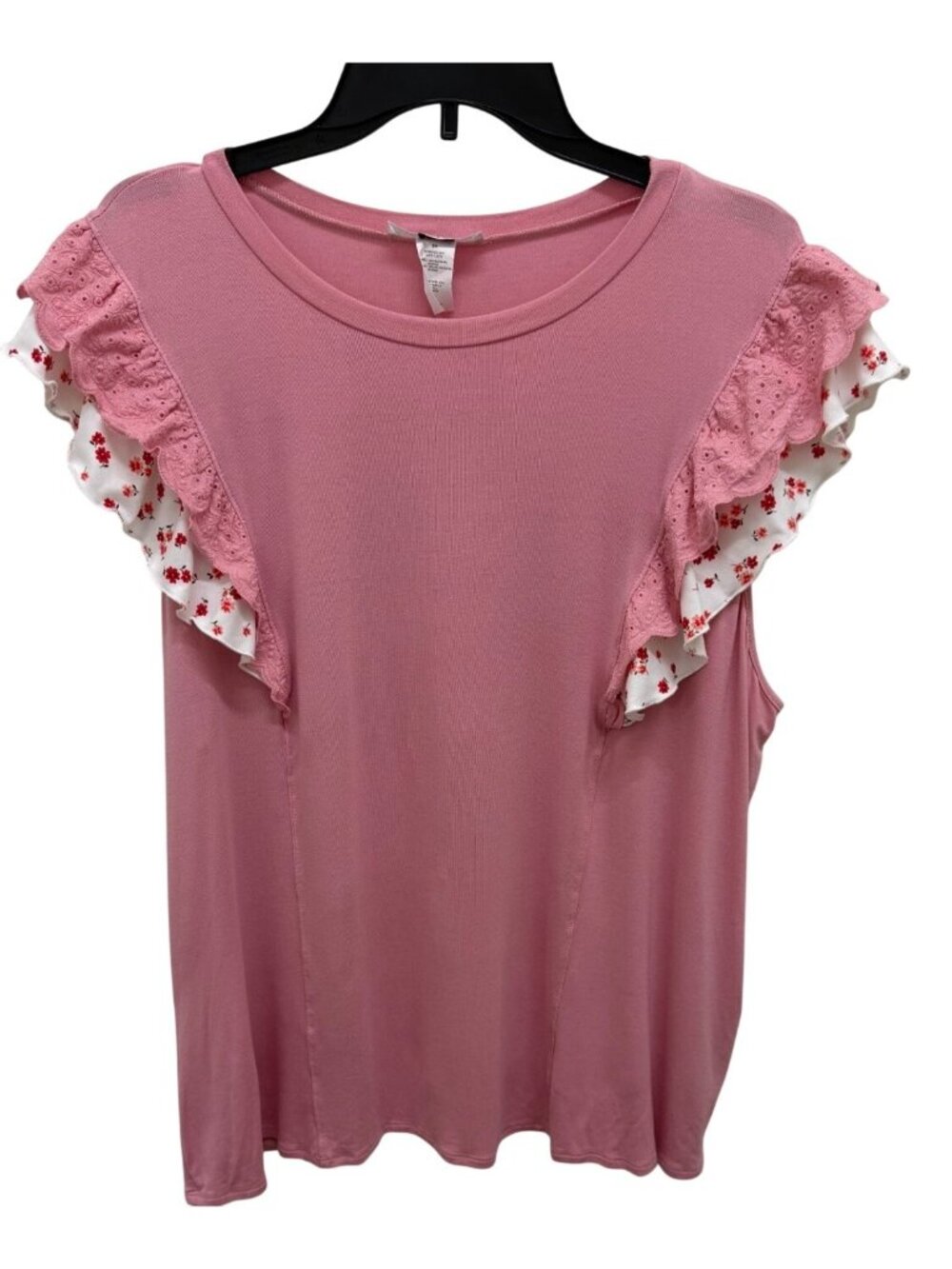 Moa Moa Woman 3X Pink Ruffle Sleeve Floral Accent Rayon Spandex Top